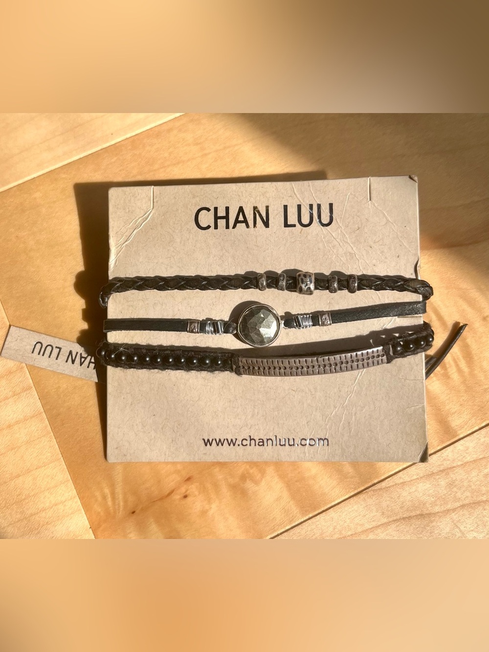 Chan Luu Set of 3 Black and Silver Leather Bracelets